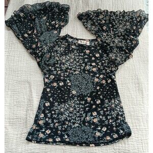 Whimsigoth Black Fairy Ruffled Bell Sleeve Romantic Top Women Size Large Flocked